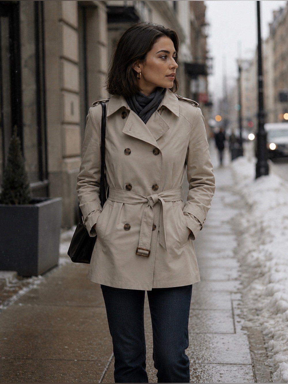 Lauren Ralph Lauren Beige Double-Breasted Trench Coat with Belt Hip Length